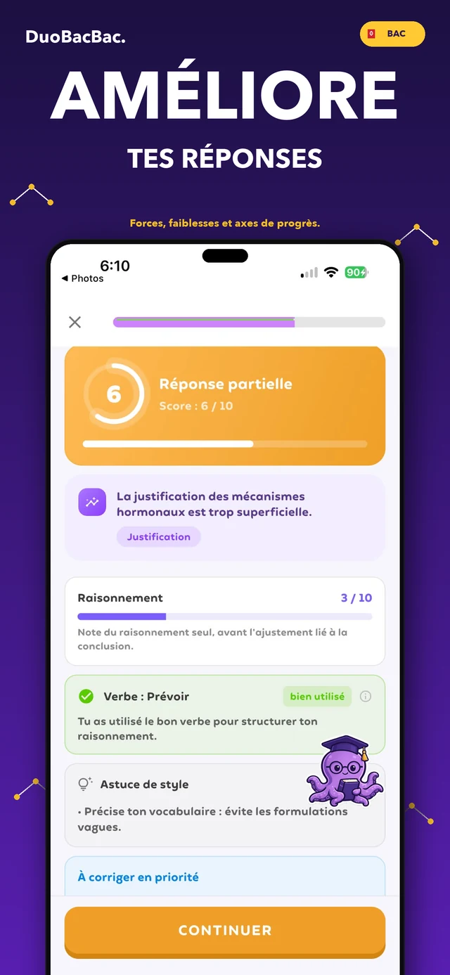 Campagne DuoBacBac montrant l'évaluation détaillée d'une réponse